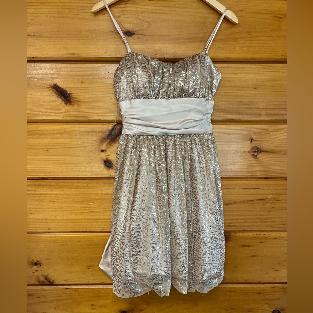 Deb Rose Gold Spaghetti Strap Lace & Sequin Dress Jr.'s 3/4